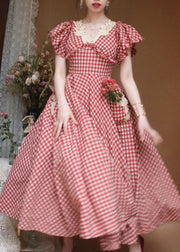Women Red V Neck Plaid Ruffled Cotton Dress Butterfly Sleeve