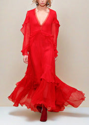 Women Red V Neck Ruffled Asymmetrical Patchwork Silk Dress Spring