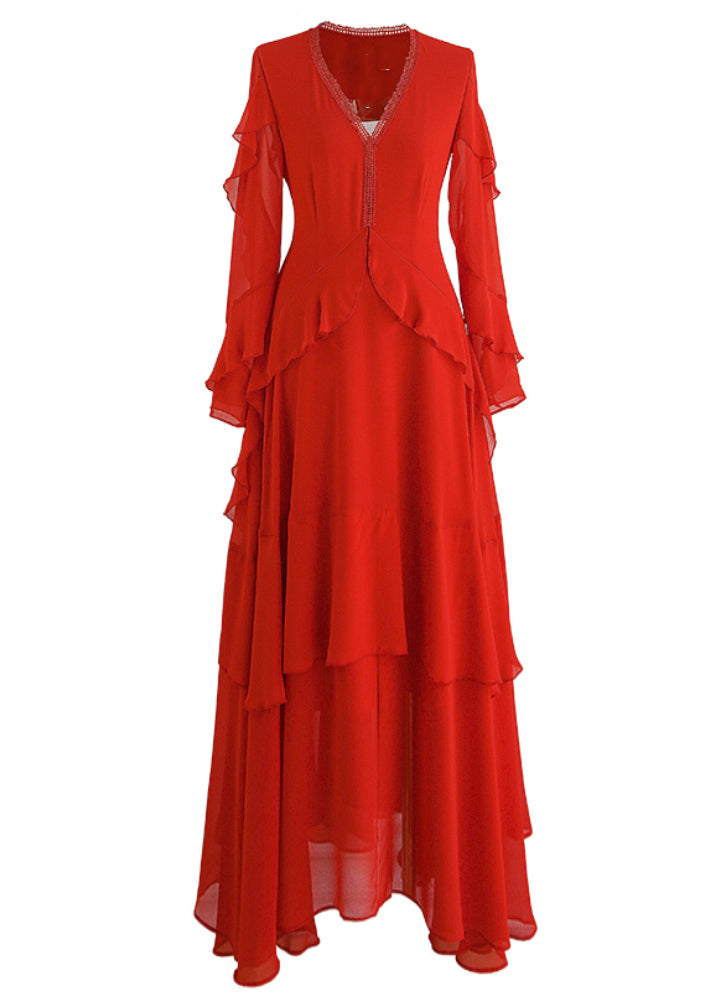 Women Red V Neck Ruffled Asymmetrical Patchwork Silk Dress Spring