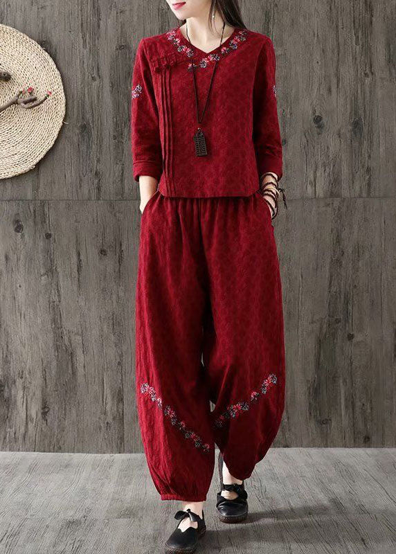 Women Red V Neck Wrinkled Embroideried Cotton Two Piece Set Spring