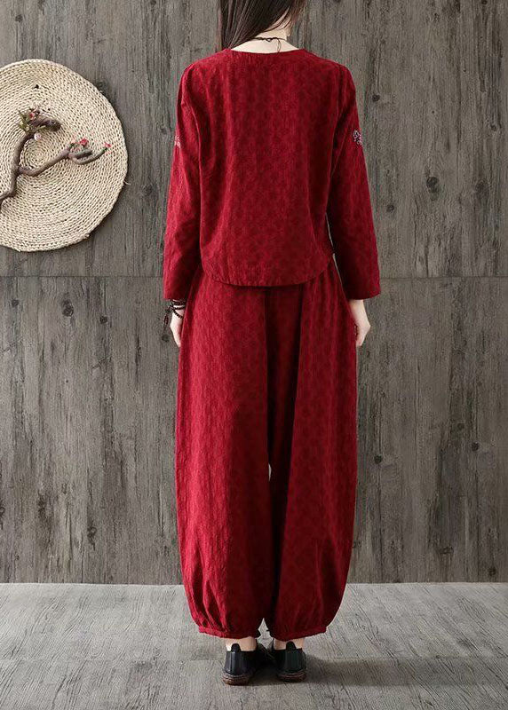 Women Red V Neck Wrinkled Embroideried Cotton Two Piece Set Spring