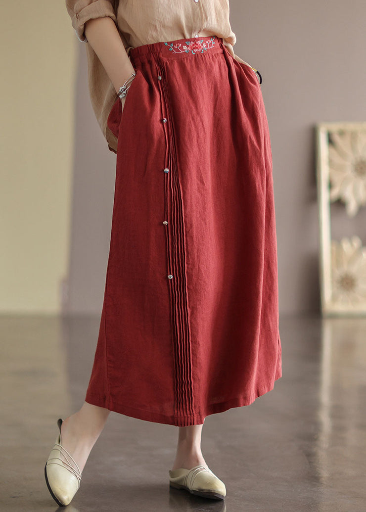 Women Red Wrinkled Embroidered Patchwork Cotton Skirts Summer