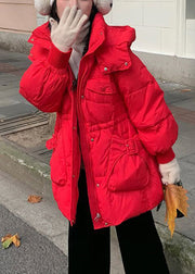 Women Red Zip Up Drawstring Pockets Duck Down Hooded Coat Winter