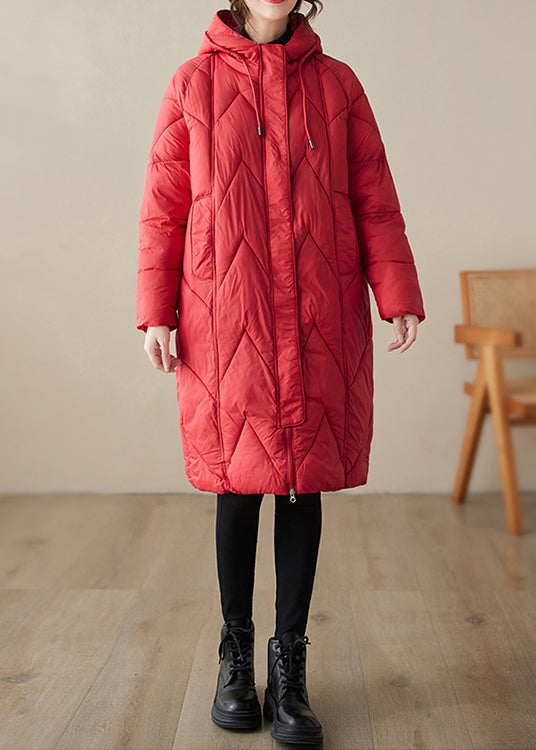 Women Red Zip Up Hooded Pockets Fine Cotton Filled Witner Coat