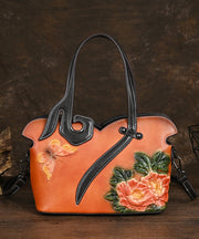 Women Retro Coffee Embossed Calf Leather Tote Handbag