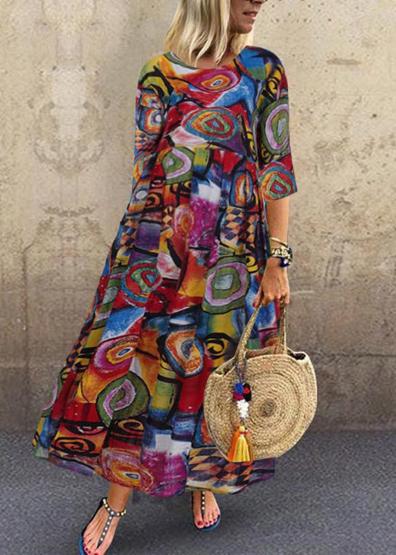 Women Retro O-Neck Floral Print Sleeveless Maxi Dress Red