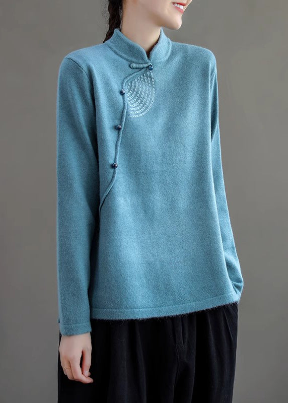 Women Retro Peacock Blue Stand Collar Knit Sweater Spring