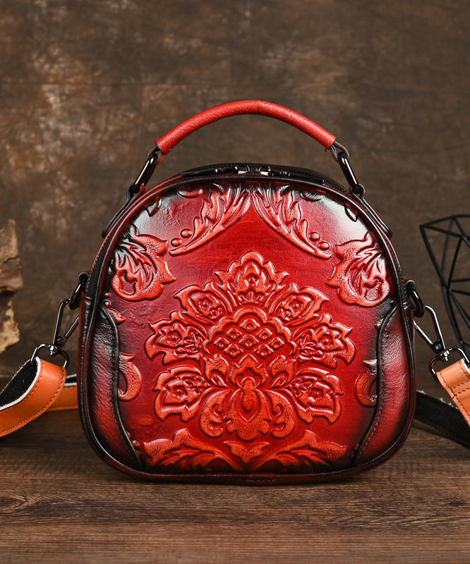 Women Retro Red Embossed Calf Leather Tote Messenger Bag