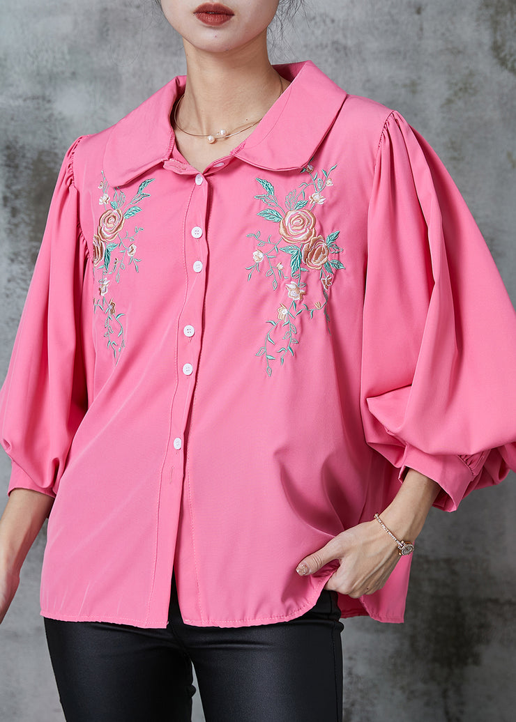 Women Rose Embroidered Floral Cotton Shirt Tops Lantern Sleeve