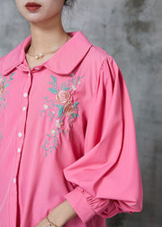 Women Rose Embroidered Floral Cotton Shirt Tops Lantern Sleeve