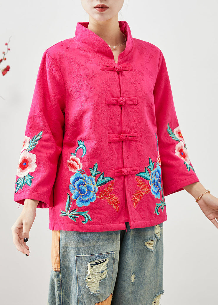 Women Rose Embroideried Jacquard Chinese Button Cotton Jackets Fall