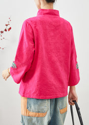 Women Rose Embroidered Jacquard Chinese Button Cotton Jackets Fall