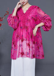 Women Rose Embroideried Patchwork Lace Tops Lantern Sleeve