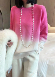 Women Rose Gradient Color O-Neck Cozy Cashmere Knit Sweaters Fall