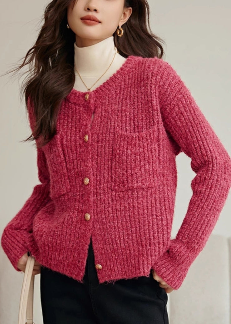 Women Rose O Neck Button Pockets Cotton Knit Coat Spring