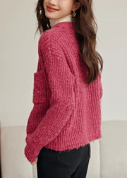 Women Rose O Neck Button Pockets Cotton Knit Coat Spring