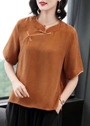 Women Rose O-Neck Oriental Button Solid Color Silk Shirt Top Short Sleeve