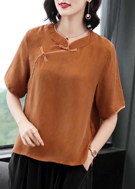 Women Rose O-Neck Oriental Button Solid Color Silk Shirt Top Short Sleeve