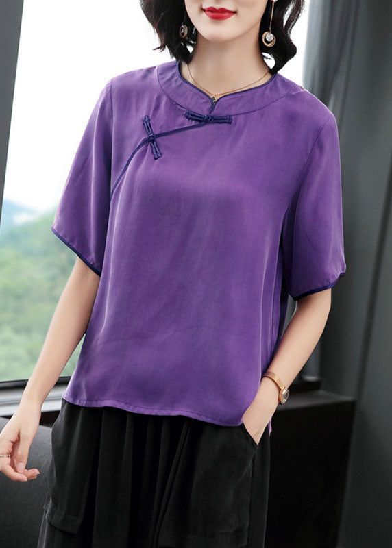 Women Rose O-Neck Oriental Button Solid Color Silk Shirt Top Short Sleeve