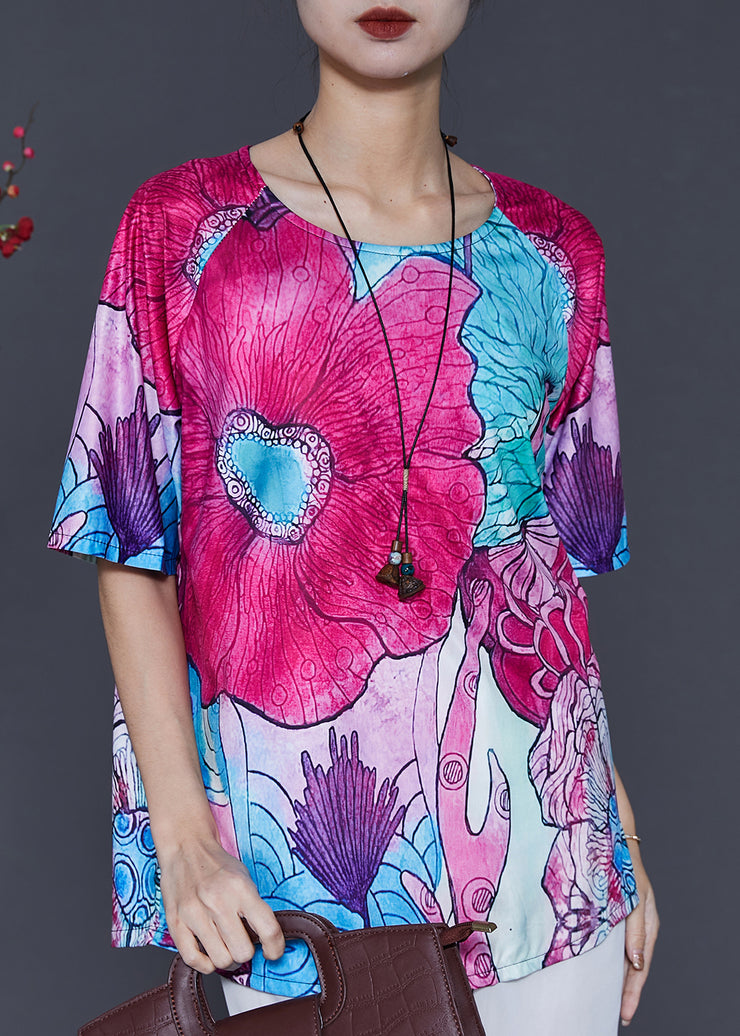 Women Rose Oversized Print Silk Blouse Top Summer