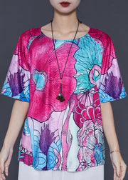 Women Rose Oversized Print Silk Blouse Top Summer