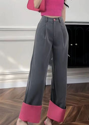 Women Rose Pockets Patchwork High Waist Straight Pants