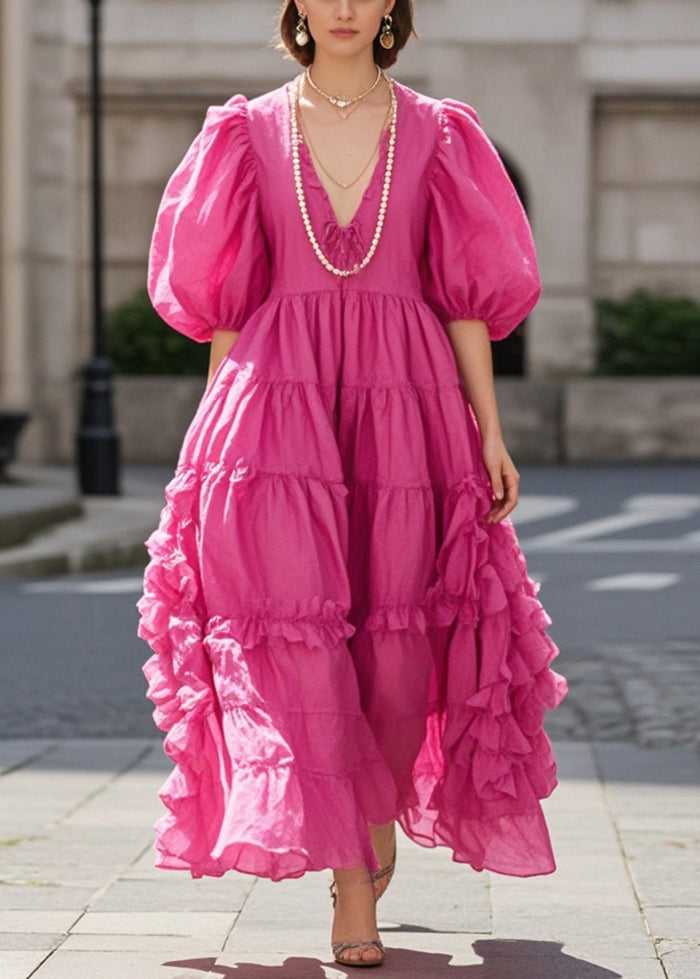 Women Rose Ruffled Exra Large Hem Cotton Dress Puff Sleeve