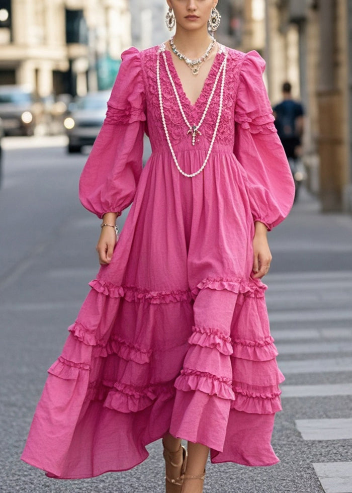 Women Rose Ruffled Exra Large Hem Cotton Vacation Dresses Spring