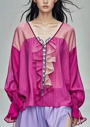 Women Rose Ruffled Patchwork Shirt Fall