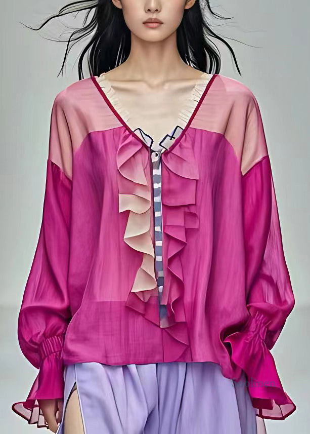 Women Rose Ruffled Patchwork Shirt Fall