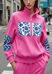 Women Rose Stand Collar Patchwork Print Cotton Sweatshirt Fall