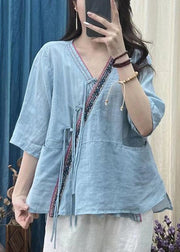 Women Rose V Neck Chinese Button Cotton Shirt Half Sleeve