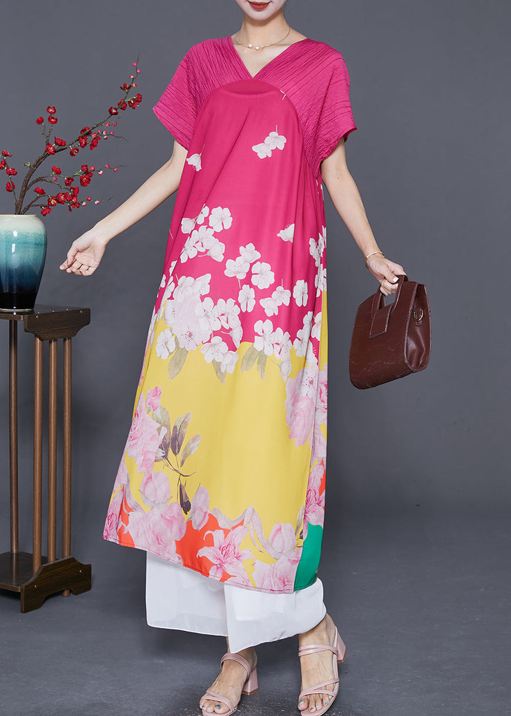 Women Rose V Neck Patchwork Print Silk Party Dress Summer