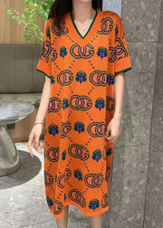 Women Rose V Neck Print Knit Dress Short Sleeve