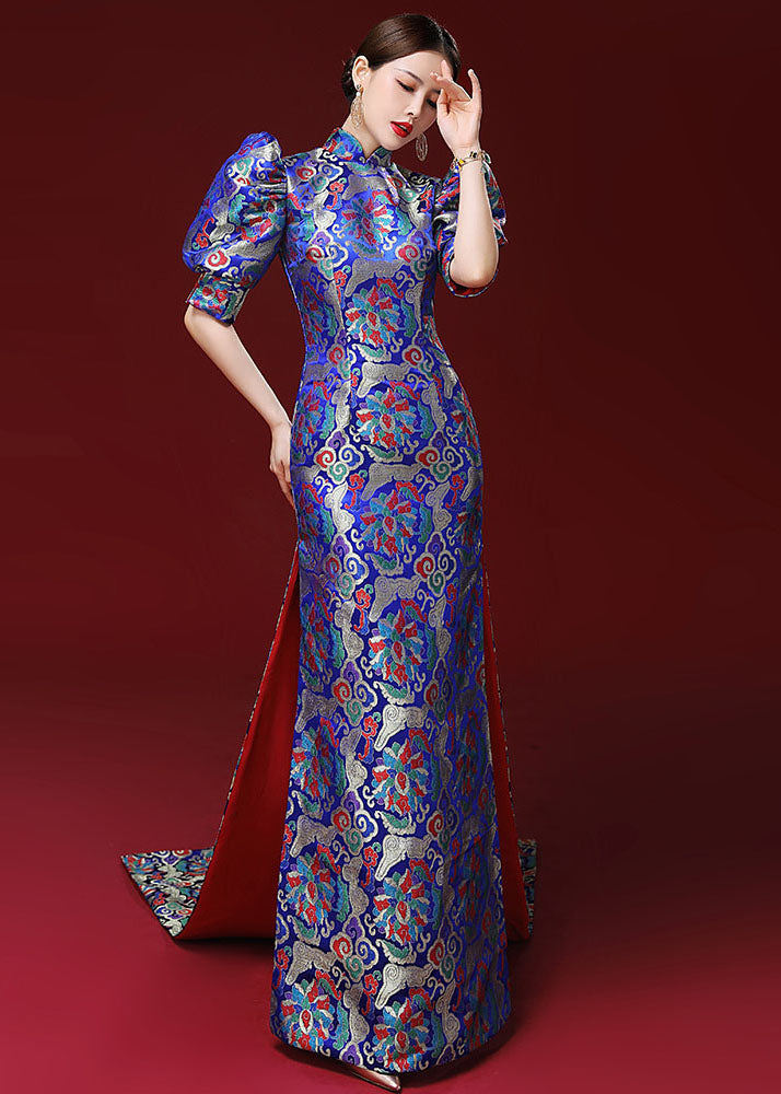 Women Royal Blue Embroidered Side Open Silk Mopping Maxi Dresses Puff Sleeve