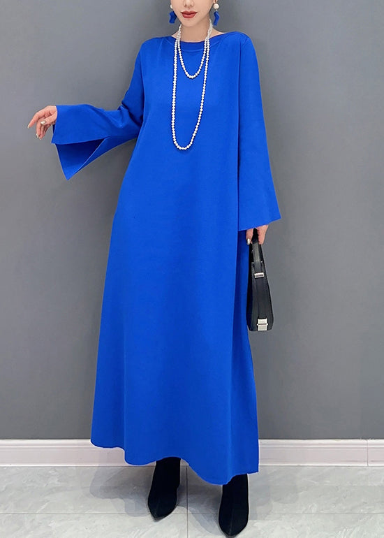 Women Royal Blue O Neck Side Open Cotton Long Dresses Flare Sleeve