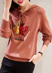 Women Rubber Red Hooded Embroidered Patchwork Cotton Top Fall