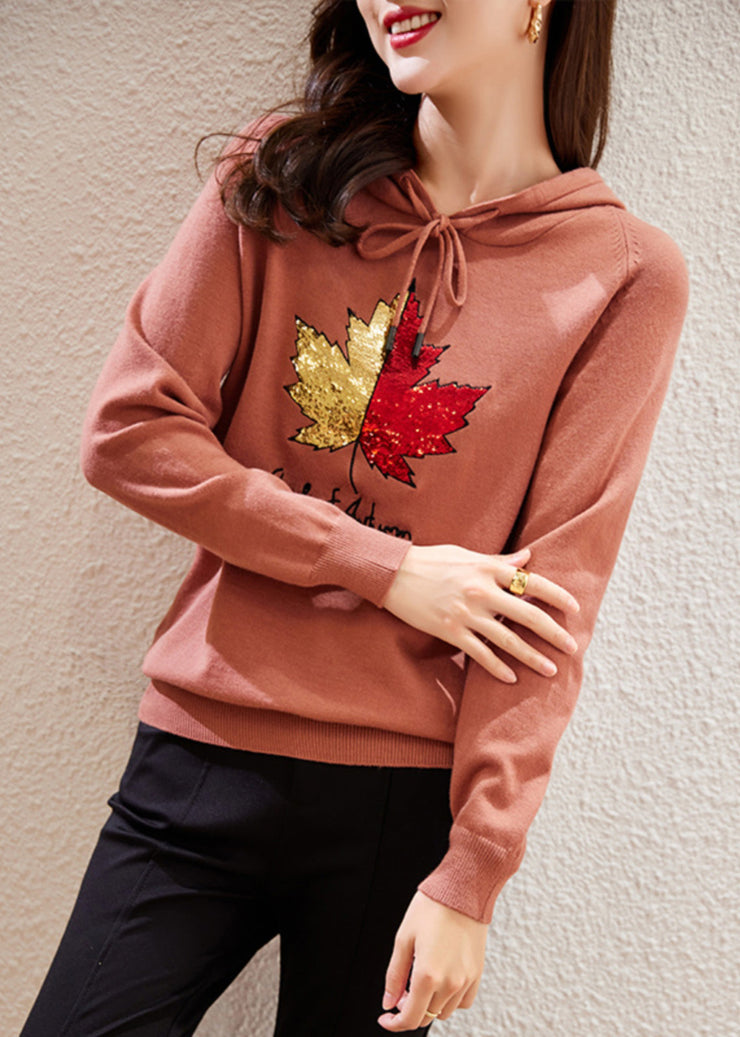 Women Rubber Red Hooded Embroidered Patchwork Cotton Top Fall