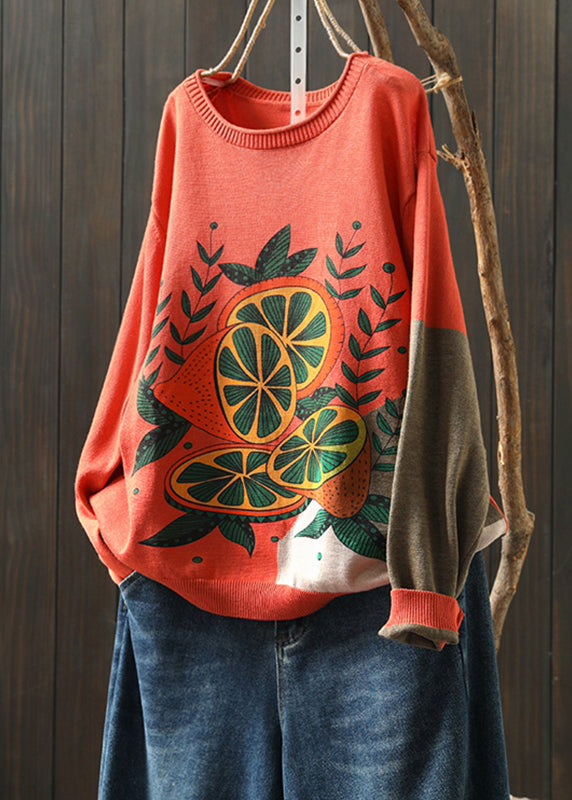 Women Rust O-Neck Print Knitted Cotton Thread Sweaters Fall