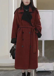 Women Rust Tie Waist Pockets Patchwork Thick Woolen Coats Winter