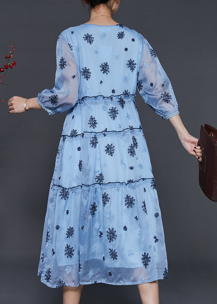Women Sea Blue Embroidered Silk Cinched Dress Summer