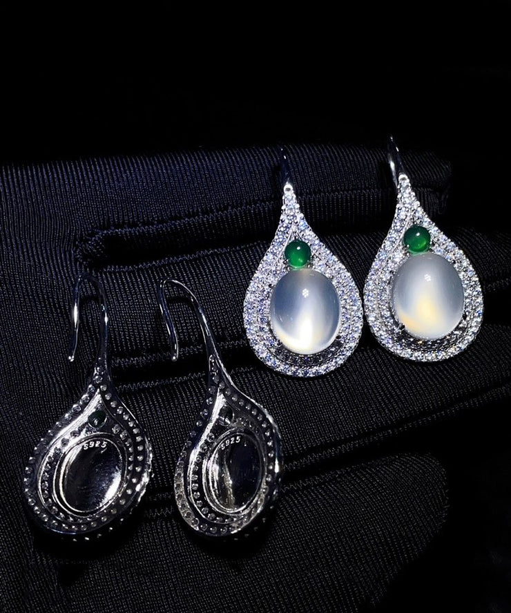 Women Silk Sterling Silver Inlaid Zircon Jade Stud Earrings