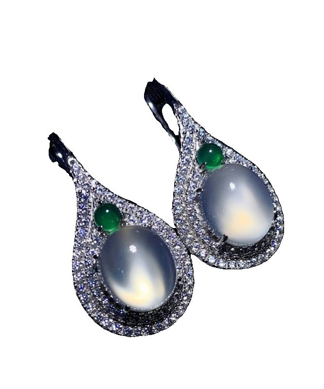 Women Silk Sterling Silver Inlaid Zircon Jade Stud Earrings