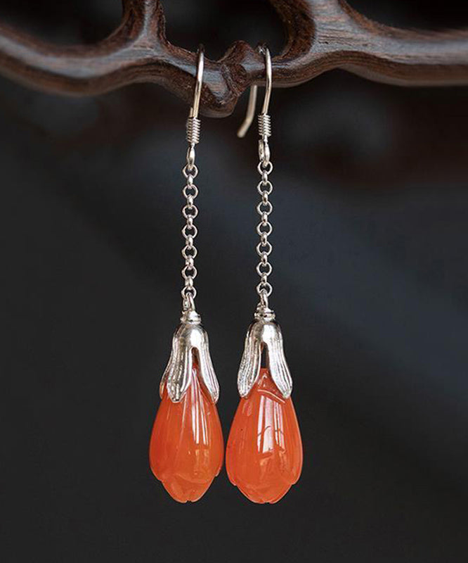 Women Silk Sterling Silver Jade Tassel Drop Earrings