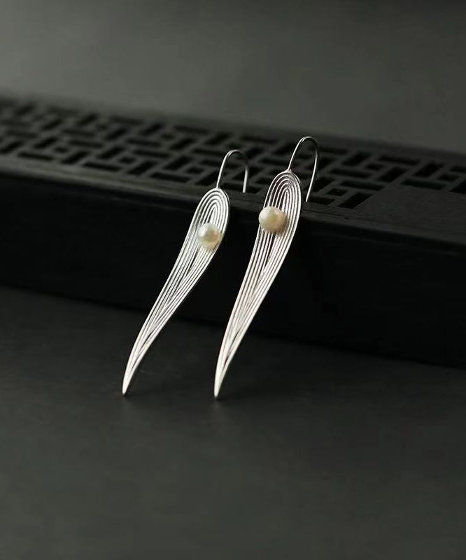 Women Silk Sterling Silver Pearl Bamboo Leaf Drop Earrings