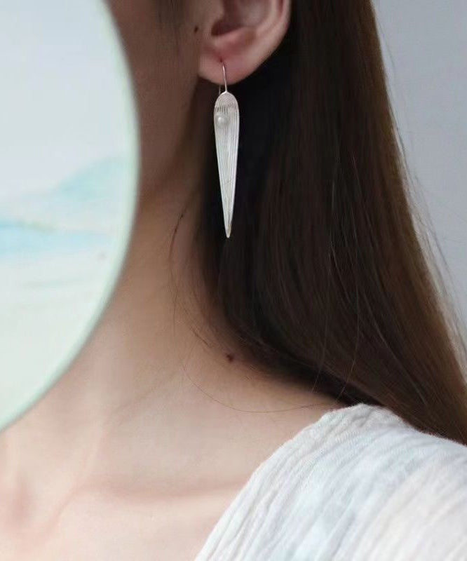 Women Silk Sterling Silver Pearl Bamboo Leaf Drop Earrings