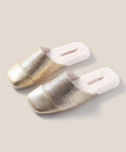 Women Silver Slippers Shoes Splicing Fuzzy Wool Lined