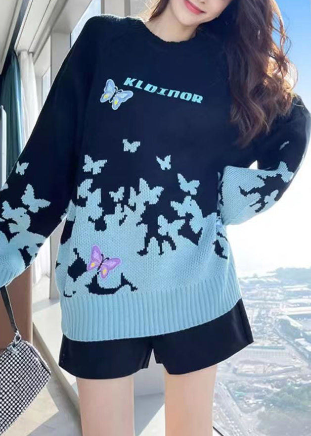 Women Sky Blue Embroidered Patchwork Cotton Knit Sweaters Long Sleeve