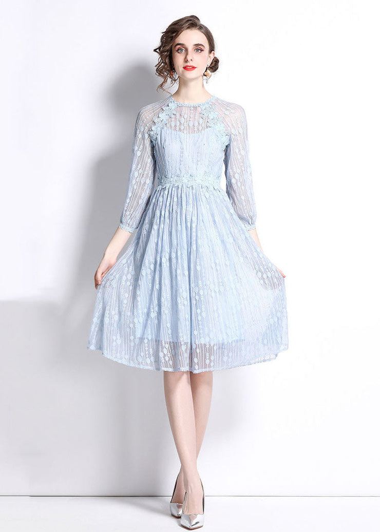 Women Sky Blue Embroideried Wrinkled Patchwork Lace Mid Dress Summer