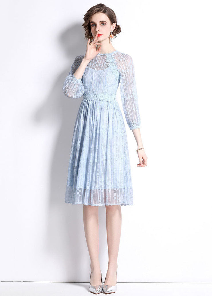 Women Sky Blue Embroideried Wrinkled Patchwork Lace Mid Dress Summer